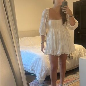 White Smocked Puff Sleeve Mini Dress